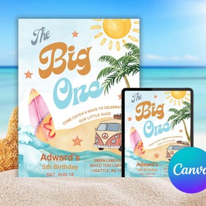 The Big One Surfing Birthday Party Invitation, Customizable Beach Theme for Kids 5th Birthday, Editable Canva Template for Instant Download