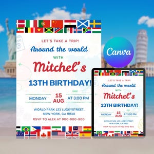 Around the World Birthday Invitation, Travel Theme Party Invite, Adventure Premade Bday Card, World Flags Editable Canva Template