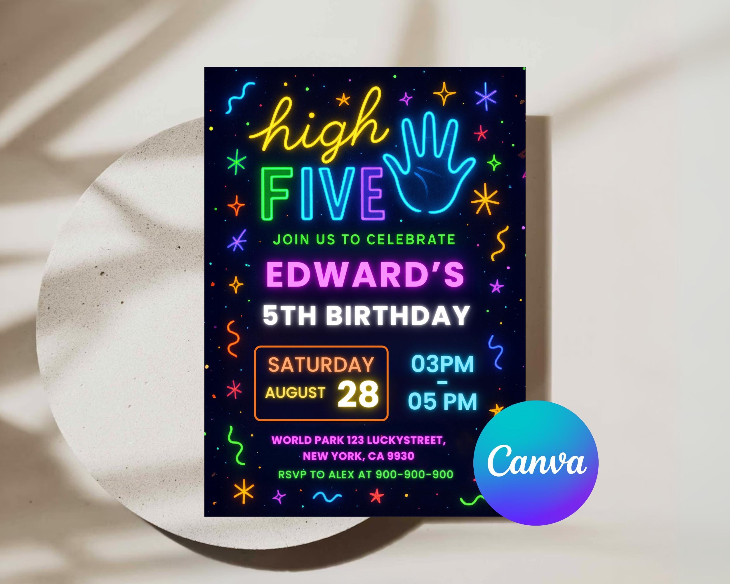 Bearbeitbare High Five Geburtstagseinladung, Neon 5. Geburtstagsfeier einladen, sofortiger Download, druckbare Kindergeburtstagskarte