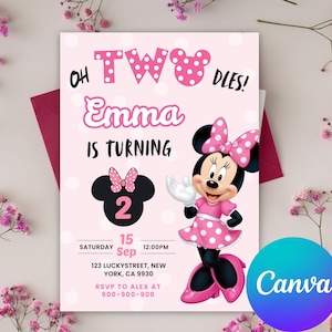 Pink Minnie Mouse Birthday Invitation: Oh Twodles Canva Template (5x7 in, Digital Download