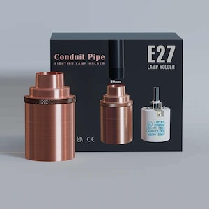 May include: Copper-coloured conduit pipe lighting lamp holder with a black box that reads "Conduit Pipe LIGHTING LAMP HOLDER" and "E27 LAMP HOLDER". The lamp holder is 20mm in diameter. A white lamp holder is also shown.