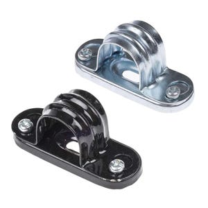 May include: Two metal electrical conduit clamps, one black and one silver, with a rounded oval base and a curved top for holding a pipe.