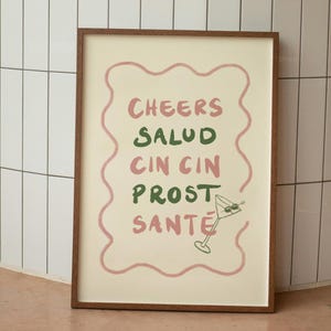 Minimalistische drankprint, illustratieposter, trendy keukenkunst, cocktailprint, barwagenprint, schetsstijl, handgetekend, roze, groen