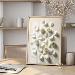 Póster de Rosa Blanca: Arte mural fotográfico floral minimalista, decoración romántica para el hogar, acogedoras rosas blancas. Descarga digital en formato JPG (300 DPI) y PDF.