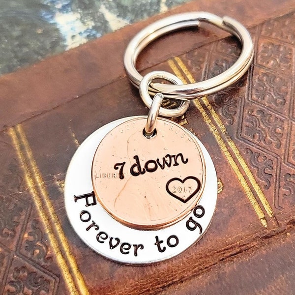 7th Wedding Anniversary 7 Year Down and Forever To Go Key Chain Heart Stamped Around Year 2017 Lucky Penny w/ Personalized Options