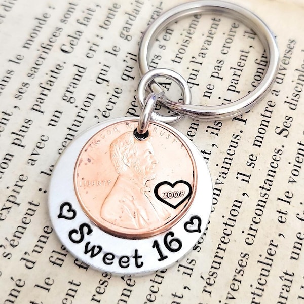 Sweet 16 Copper Lucky 2008 Penny on a Key Chain / Perfect 16th Birthday Gift Party Favor for Your Teenager with Personalized Options