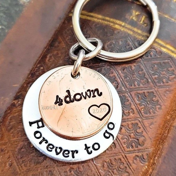 4th Wedding Anniversary 4 Years Down Forever To Go Key Chain with Heart Stamped Around Year Lucky 2020 Penny w/ Personalized Options