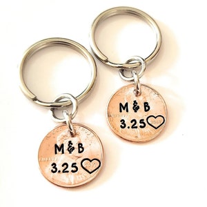 A PAIR of Personalized Lucky Copper Penny Key Chains, Couples Initials, Anniversary Date, Wedding Year Penny 1950 - 2025, Gift for Couples