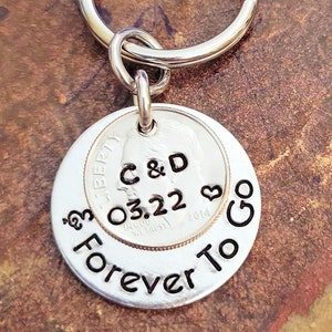 10th Anniversary Key Chain, Personalized 10 Years & Forever To Go, Anniversary Date, Couples Initials, 2015 Dime, Aluminum Anniversary Gift