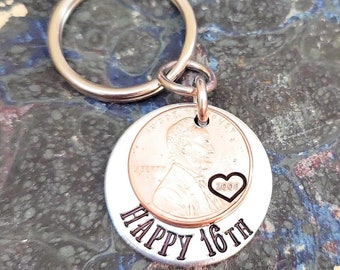 HAPPY 16th Birthday with a Copper Lucky 2008 Penny Key Chain / Perfect Teenager Gift For New Car with Personalized Options