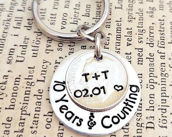 Personalized 10 Years & Counting with 10th Anniversary Date and Initials on a 2014 Dime Gift for Him / Her Key Chain or Purse Charm