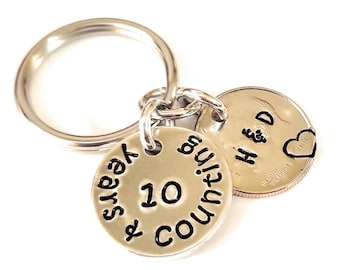 10 Years And Counting, 10th Wedding Anniversary Gift, Key Chain Heart Stamped, 2016 Dime, Gift for Husband, Gift for Wife, Anniversary Gift