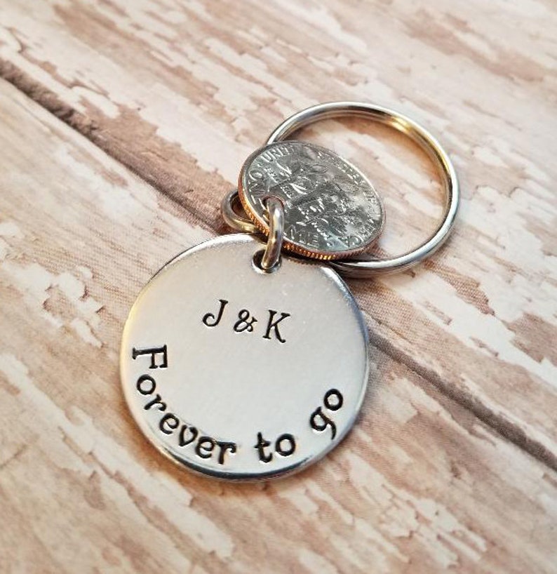 20th Wedding Anniversary 20 Down and Forever To Go Key Chain Heart Stamped 2004 Dimes Gift for Him or Her Personalized Options image 8