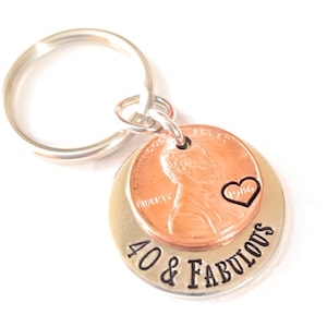 40 & Fabulous, 40th Birthday with a Copper Lucky 1986 (Birth Year), Penny Key Chain, Personalized Options, Gift for Him or Her