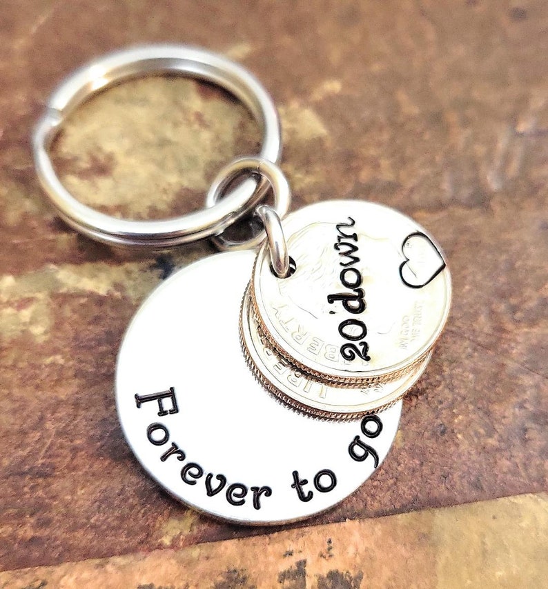 20th Wedding Anniversary 20 Down and Forever To Go Key Chain Heart Stamped 2004 Dimes Gift for Him or Her Personalized Options image 4