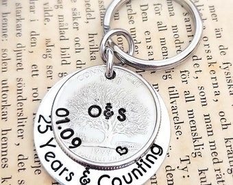 Personalized 25 Years & Counting Gift for Men or Women 1999 Quarter Key Chain 25th Anniversary Date Initials