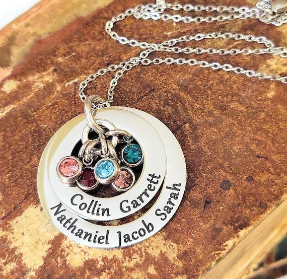 Engraved Personalized, Birthstone Family Names, Two Layered