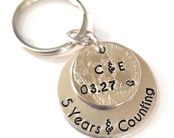 Personalized, 5th Wedding Anniversary Gift, 5 Years & Counting, Couples Gift, Anniversary Date, Couples Initials, 2021 Nickel Him Her