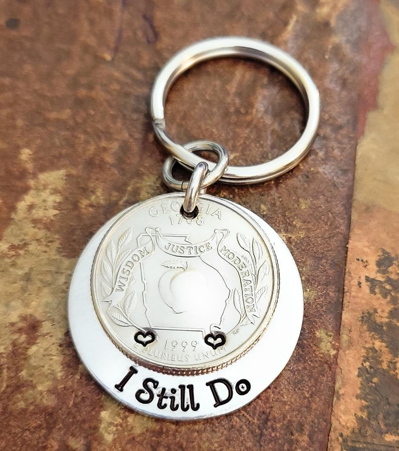 I Still Do 25th Wedding Anniversary Lucky 1999 Quarter Key Chain 25 Years Gift for Him or Her Couples with Personalized Options image 4