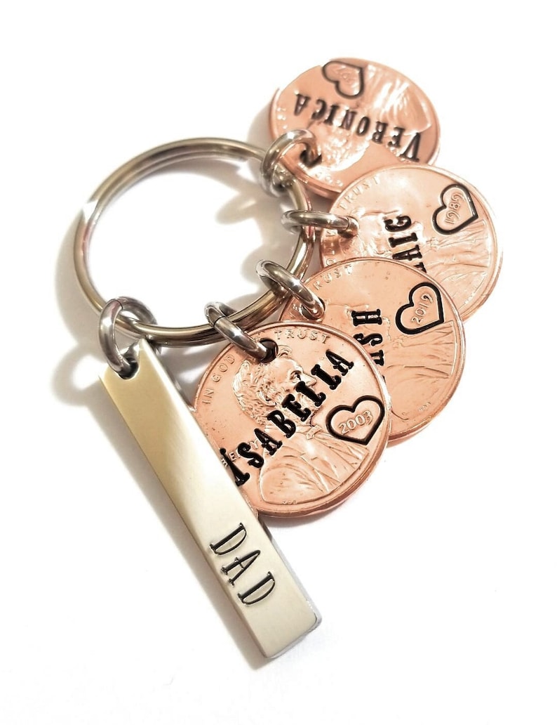 Lucky Penny Keychain Father's or Mother's Day Gift Idea for Dad or Mom, Personalized Key Chain with Kids Names and Birth Years 