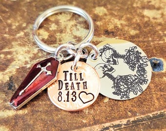 Personalized Anniversary Date, Till Death Do Us Part Key Chain, Wedding Penny Year, Coffin, Skeleton Lovers Charm, Wedding Anniversary Gift