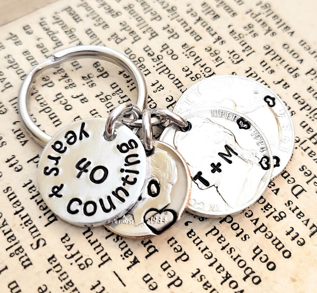 40 Years & Counting, 40th Wedding Anniversary Key Chain, Heart Stamped ...