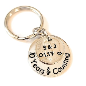 Personalized 10 Years & Counting with 10th Anniversary Date and Initials on a 2015 Dime Gift for Him / Her Key Chain or Purse Charm