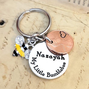 My Little Bumblebee Key Chain with Birth Year Lucky Copper Penny Keychain and Personalized Options 1950 - 2024 Pennies Available