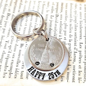 Happy 25th Birthday, 25 Year Anniversary, Coin Key Chain, Gift Idea, Personalized 2000 (Birth Year) Quarter Keychain, 25th Birthday Gift