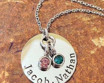 Mommy Personalized Jewelry Necklace w/Two Kids Children's Names Pendant and Birthstones for Mom Aunt Grandma