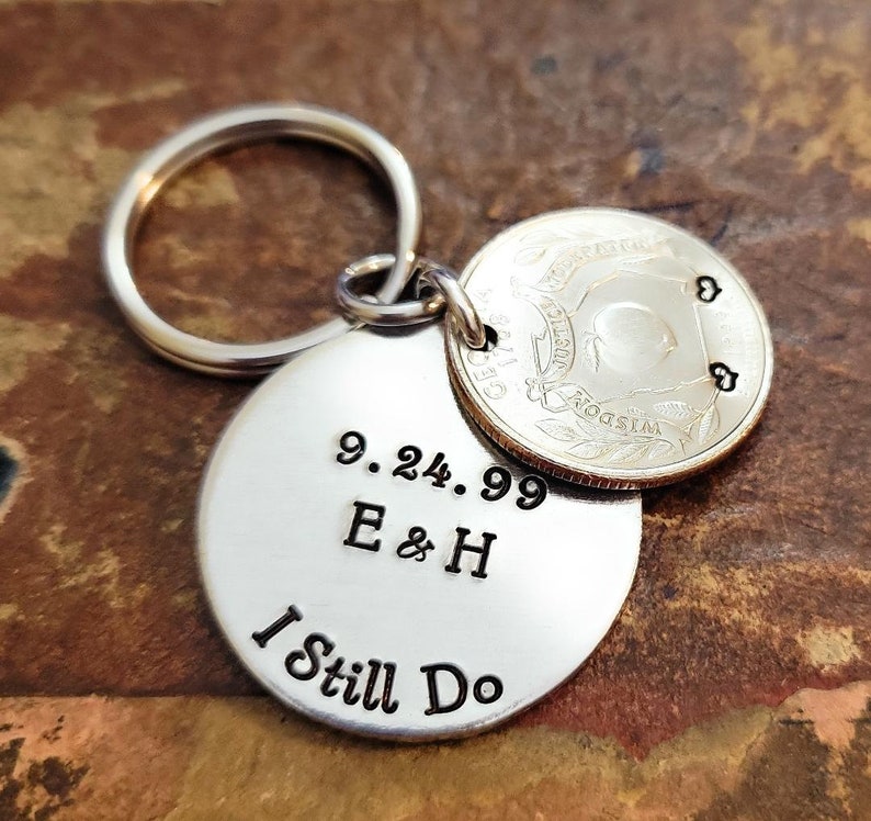 I Still Do 25th Wedding Anniversary Lucky 1999 Quarter Key Chain 25 Years Gift for Him or Her Couples with Personalized Options image 6