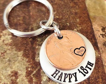 HAPPY 18th Birthday, Copper Lucky 2008 (Birth Year) Penny, Custom Key Chain, Gift For Teenager, Personalized Options