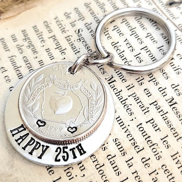 Happy 25th Birthday or 25 Year Anniversary Coin Key Chain Gift Idea, Personalized 1999 Quarter Keychain for Men and Women
