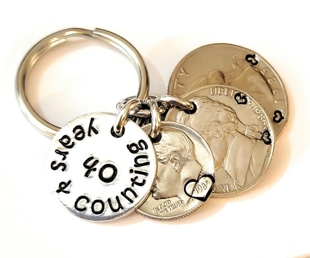 40 Years & Counting, 40th Wedding Anniversary Key Chain, Heart Stamped ...