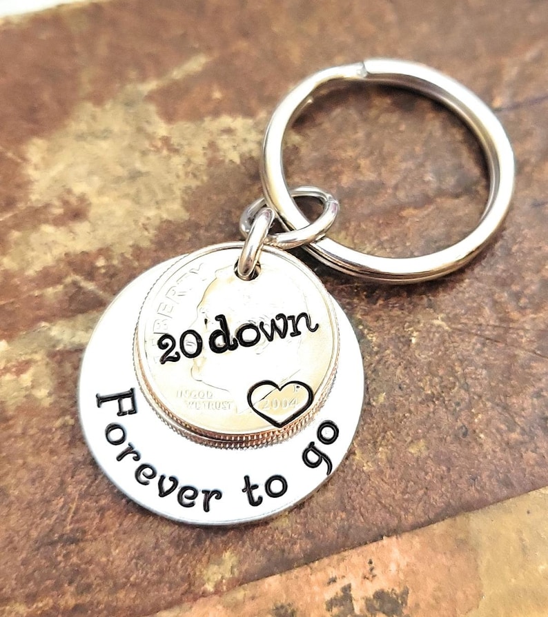 20th Wedding Anniversary 20 Down and Forever To Go Key Chain Heart Stamped 2004 Dimes Gift for Him or Her Personalized Options image 2