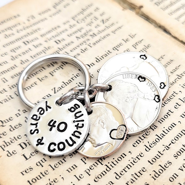 40 Years & Counting 40th Wedding Anniversary Key Chain Heart Stamped 1983 Quarter Nickel Dime For Him or Her Personalized Options