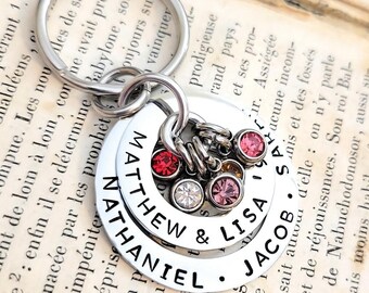 Personalized Two Layered Birthstone Key Chain with Family Children Names and Crystal Birthstones Gift for Mom Grandma Mommy Grandmother