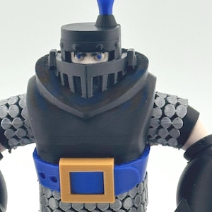 May include: A 3D-printed figurine of a knight with a black helmet, chest armor, and gauntlets. The knight has a blue belt with a gold buckle and a blue plume on top of the helmet. The armor has a chainmail design.