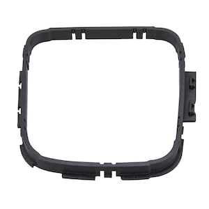 May include: A black, square-shaped plastic frame with a hollow center. The frame has a slightly textured surface and features several small tabs and notches along its edges. The overall design is geometric and functional.