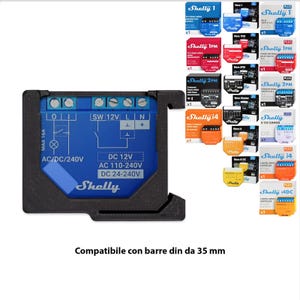 Può includere: Un dispositivo Shelly per la casa intelligente di colore nero con uno schema del circuito blu e il testo "Shelly" in bianco. Il dispositivo è compatibile con le guide DIN fino a 35 mm. L'immagine mostra anche vari dispositivi Shelly per la casa intelligente in diversi colori e configurazioni.