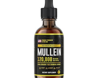Könnte beinhalten: Eine braune Glasflasche mit Mullein-Extrakt und einer schwarzen Pipette. Das Etikett trägt die Aufschrift "MULLEIN 120.000 MG Blend per Bottle" und "Extra Strength Pure Botanical Extract". Es steht auch "Proudly Produced in the USA".