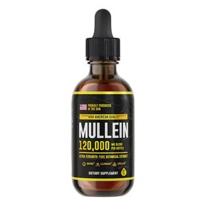 Puede incluir: Una botella de vidrio marrón con un gotero negro. La etiqueta es negra con texto blanco que dice "Mullein 120,000 MG Blend Per Bottle Extra Strength Pure Botanical Extract Skin* Lungs* Cells* Dietary Supplement".