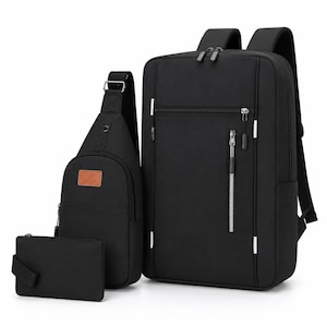 3 Piece Travel Backpack Set with USB Charging Port | Oxford Fabric Laptop Backpack, Sling Bag & Wallet | School Work Travel Bag