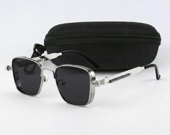 Retro Metal Steampunk Sunglasses for Men & Women – Boxy Aviator Shades, UV400 Polarized Lenses, Classic Metal Frame + Protective Case