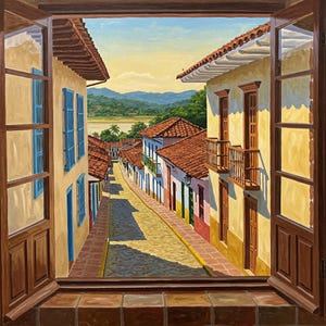 Puede incluir: Una pintura de una vista desde una ventana, que muestra una calle estrecha de adoquines bordeada de edificios coloridos en una ciudad de América del Sur. Los edificios tienen techos de tejas rojas y paredes blancas con acentos azules y verdes. La calle está bordeada de árboles y se puede ver un río en la distancia.