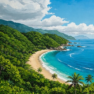 May include: A painting depicting a tropical beach scene with lush green foliage, a sandy beach, and turquoise blue water. The beach is curved and surrounded by a rocky coastline. The sky is a bright blue with white clouds.