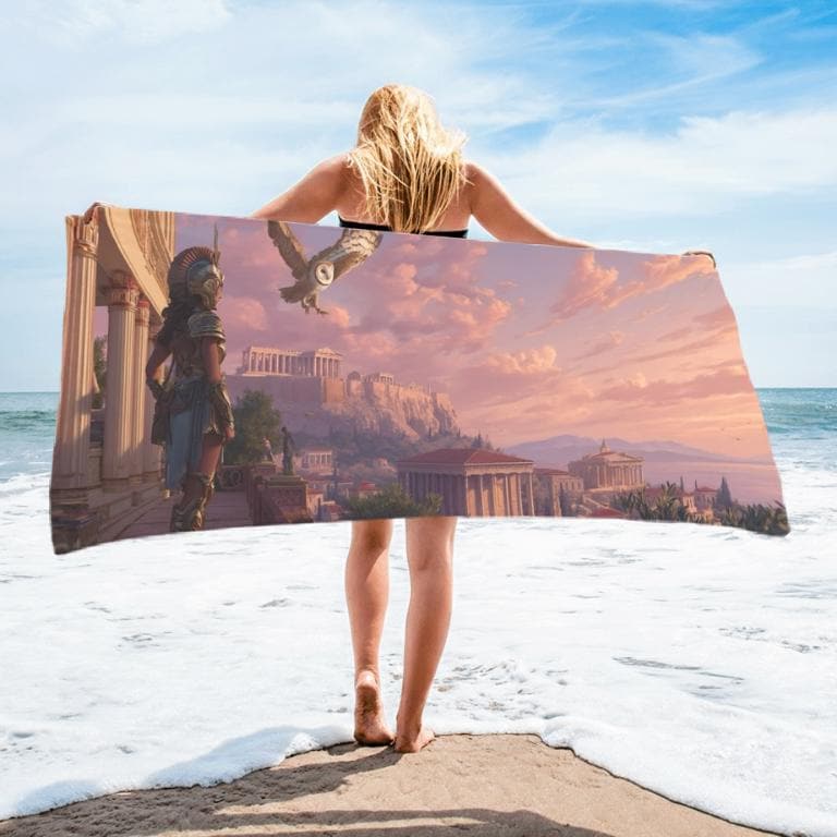 Greek Mythology Athena Goddess Towel Ancient Athens Owl Warrior Wisdom Epic Cityscape Art Beach or B