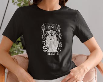 Hecate Shirt Greek Goddess of Magic T-Shirt Greek Mythology Shirt Minimalist Torch and Moon Symbol Tee Gift for Witchy and Mythology Lovers