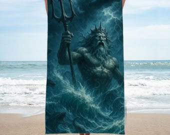 Greek Mythology Poseidon Sea God Towel Stormy Ocean Trident Power Ancient Greek Deity Art Beach or Bath Towel Myth Aesthetic Decor