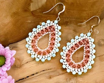 Drop-shaped pearl earrings - hand-threaded, Myjuki, glass cut, Swarovski pearls, Boho, threading earrings